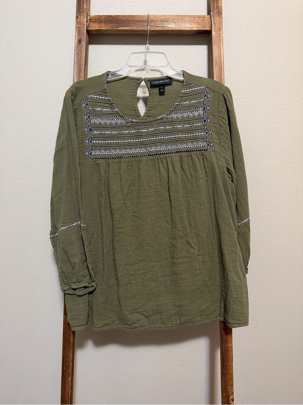 Lane Bryant Olive Embroidered Peasant Blouse